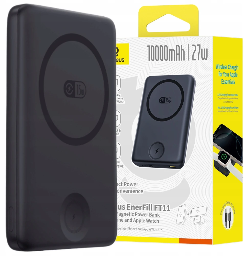 Powerbank Baseus EnerFill FT11 10000mAh 27W suderinamas su MagSafe, skirtas Apple Watch ir išmaniems telefonams USB-C 20V/3A 30 cm - juodos spalvos