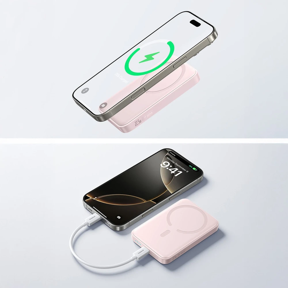 Įkroviklis „Baseus EnerFill FM11 Ultra-Mini 10000mAh 22.5W“ indukcinis, suderinamas su „MagSafe“ ir baltu laidu „Basus Simple USB-C 20V/3A 0.3m“ - rožinė