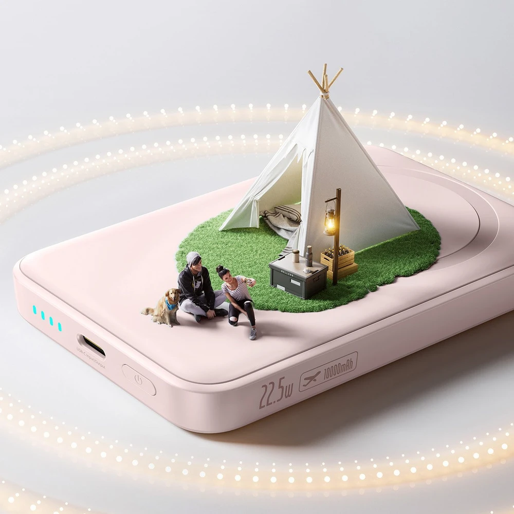 Įkroviklis „Baseus EnerFill FM11 Ultra-Mini 10000mAh 22.5W“ indukcinis, suderinamas su „MagSafe“ ir baltu laidu „Basus Simple USB-C 20V/3A 0.3m“ - rožinė
