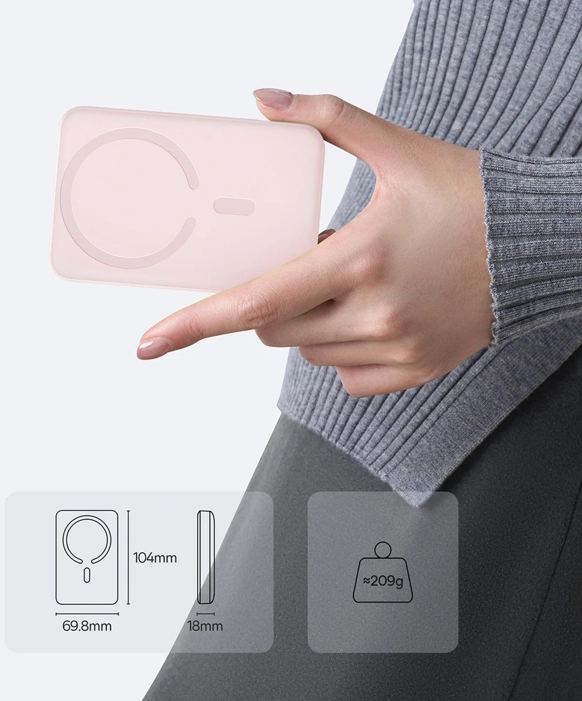 Įkroviklis „Baseus EnerFill FM11 Ultra-Mini 10000mAh 22.5W“ indukcinis, suderinamas su „MagSafe“ ir baltu laidu „Basus Simple USB-C 20V/3A 0.3m“ - rožinė