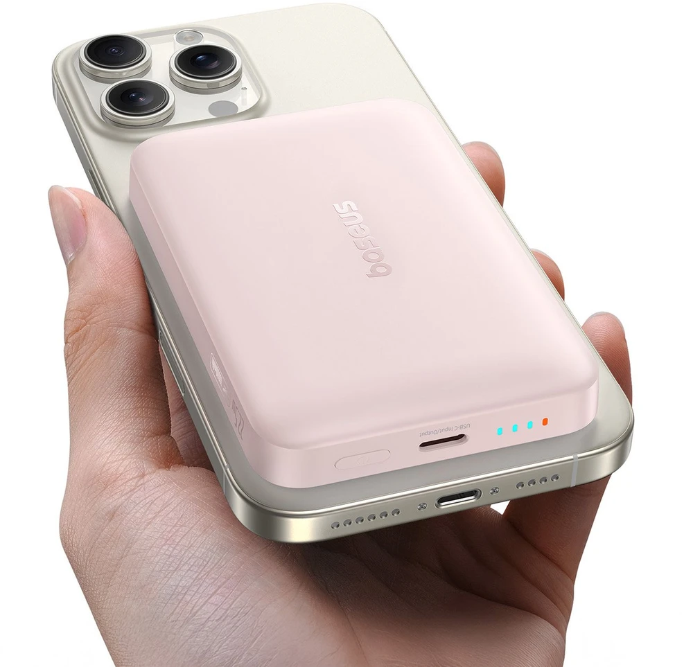 Įkroviklis „Baseus EnerFill FM11 Ultra-Mini 10000mAh 22.5W“ indukcinis, suderinamas su „MagSafe“ ir baltu laidu „Basus Simple USB-C 20V/3A 0.3m“ - rožinė