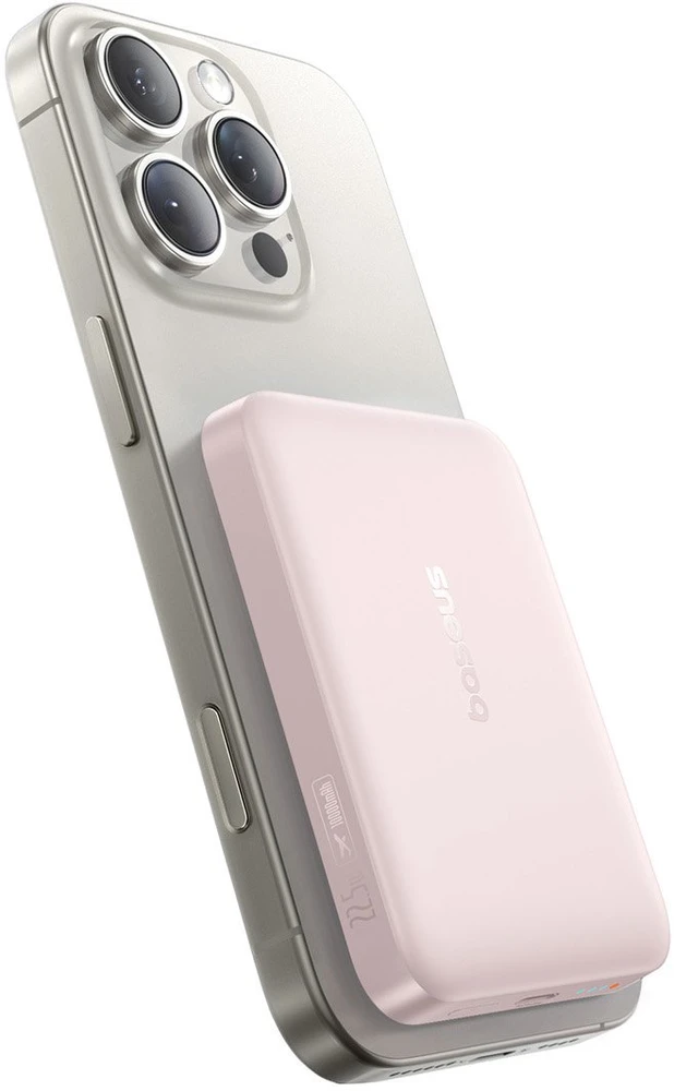 Įkroviklis „Baseus EnerFill FM11 Ultra-Mini 10000mAh 22.5W“ indukcinis, suderinamas su „MagSafe“ ir baltu laidu „Basus Simple USB-C 20V/3A 0.3m“ - rožinė