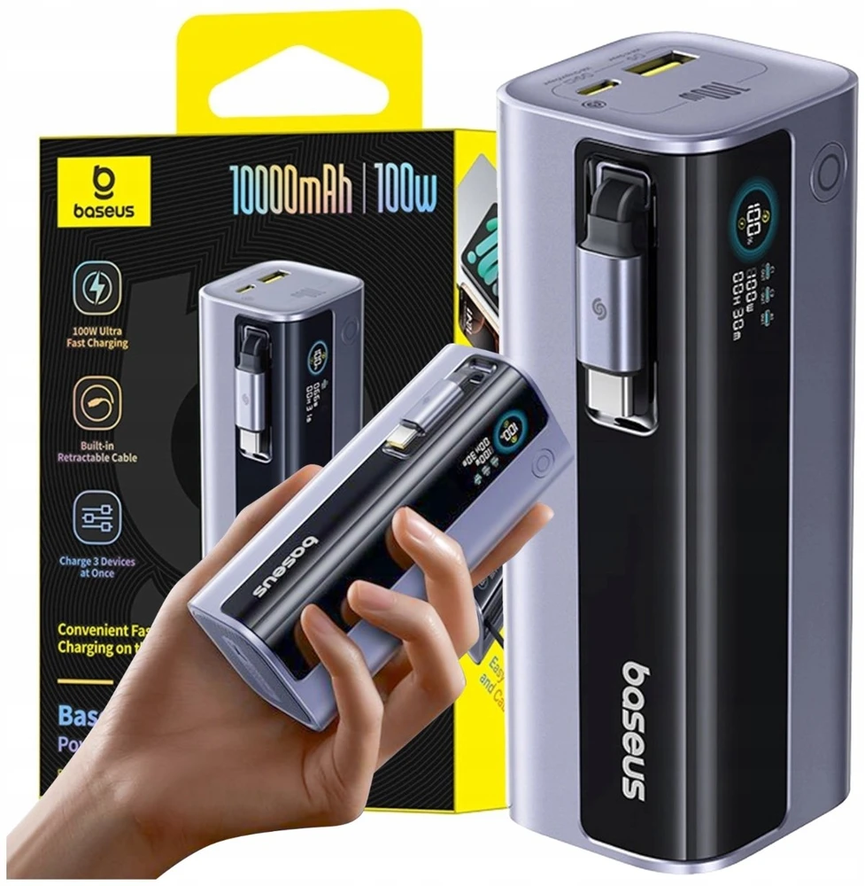 LiPo išorinis akumuliatorius (Powerbank) 10000mAh 100W, su įmontuotu USB-C kabeliu, USB-A, USB-C pilkas EnerGeek GR11 BASEUS