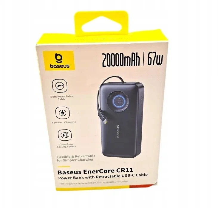 LiPo išorinis akumuliatorius (PowerBank) 20000mAh 67W su sutraukiamu kabeliu EnerCore CR11 BASEUS