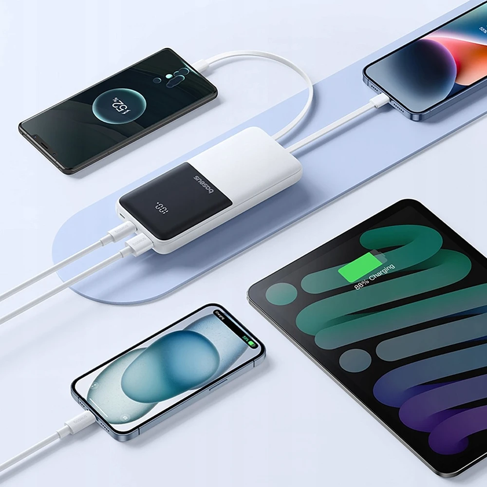 Baseus „A6ac4 Lipow“ 10000mAh 22,5 W išorinė baterija su dviem integruotais laidais (su „A6ac4 Simple USB-A - USB-C 3A 20 cm“ laidu) – balta