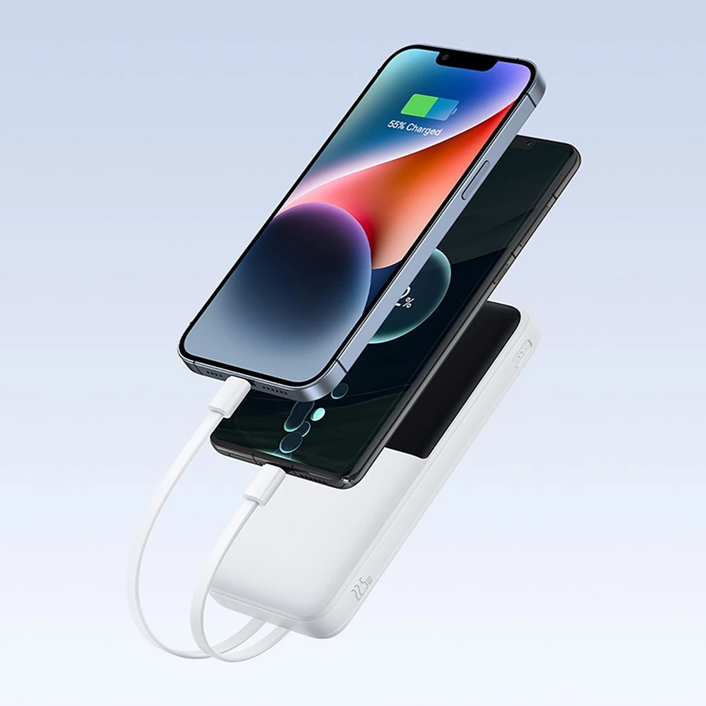 Baseus „A6ac4 Lipow“ 10000mAh 22,5 W išorinė baterija su dviem integruotais laidais (su „A6ac4 Simple USB-A - USB-C 3A 20 cm“ laidu) – balta