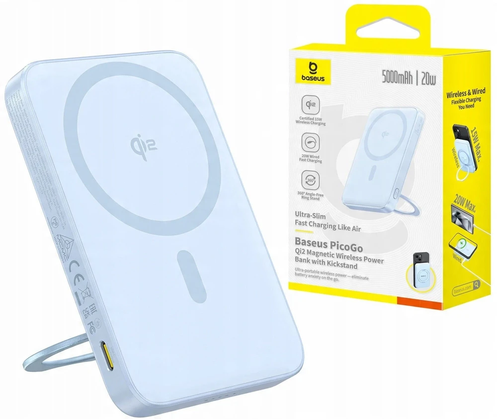 Baseus powerbank with stand PicoGo Qi2 5000mAh 20W (mėlynas)