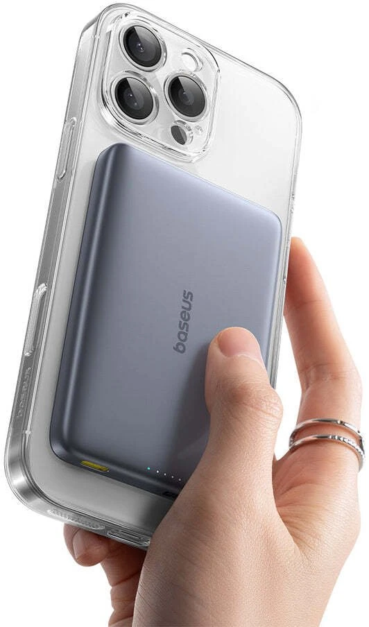 Powerbank Baseus PicoGo AM41 Ultra-Slim 10000mAh 27W Qi2 suderinamas su MagSafe su juodu USB-C kabeliu pintu 30cm - pilkas