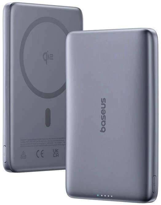 Powerbank Baseus PicoGo AM41 Ultra-Slim 10000mAh 27W Qi2 suderinamas su MagSafe su juodu USB-C kabeliu pintu 30cm - pilkas