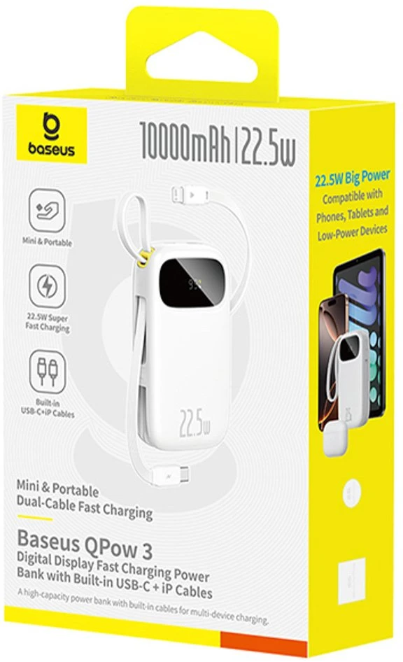 Baseus EnerFill FC31 10000mAh 22.5W Powerbank su skaitmeniniu ekranėliu ir 2 integruotais kabeliais – Balta