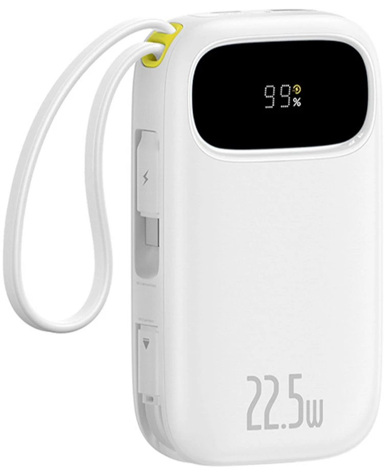Baseus EnerFill FC31 10000mAh 22.5W Powerbank su skaitmeniniu ekranėliu ir 2 integruotais kabeliais – Balta