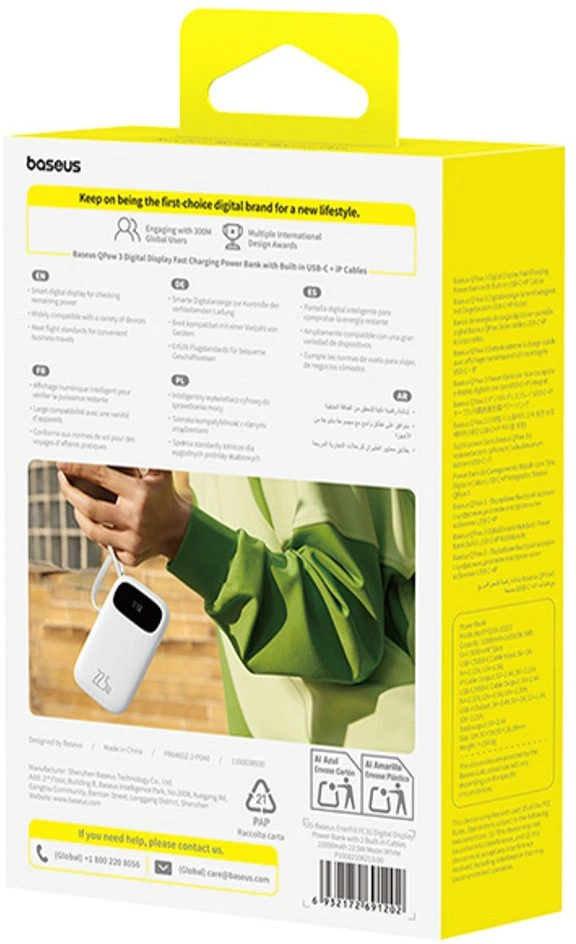 Baseus EnerFill FC31 10000mAh 22.5W Powerbank su skaitmeniniu ekranėliu ir 2 integruotais kabeliais – Balta
