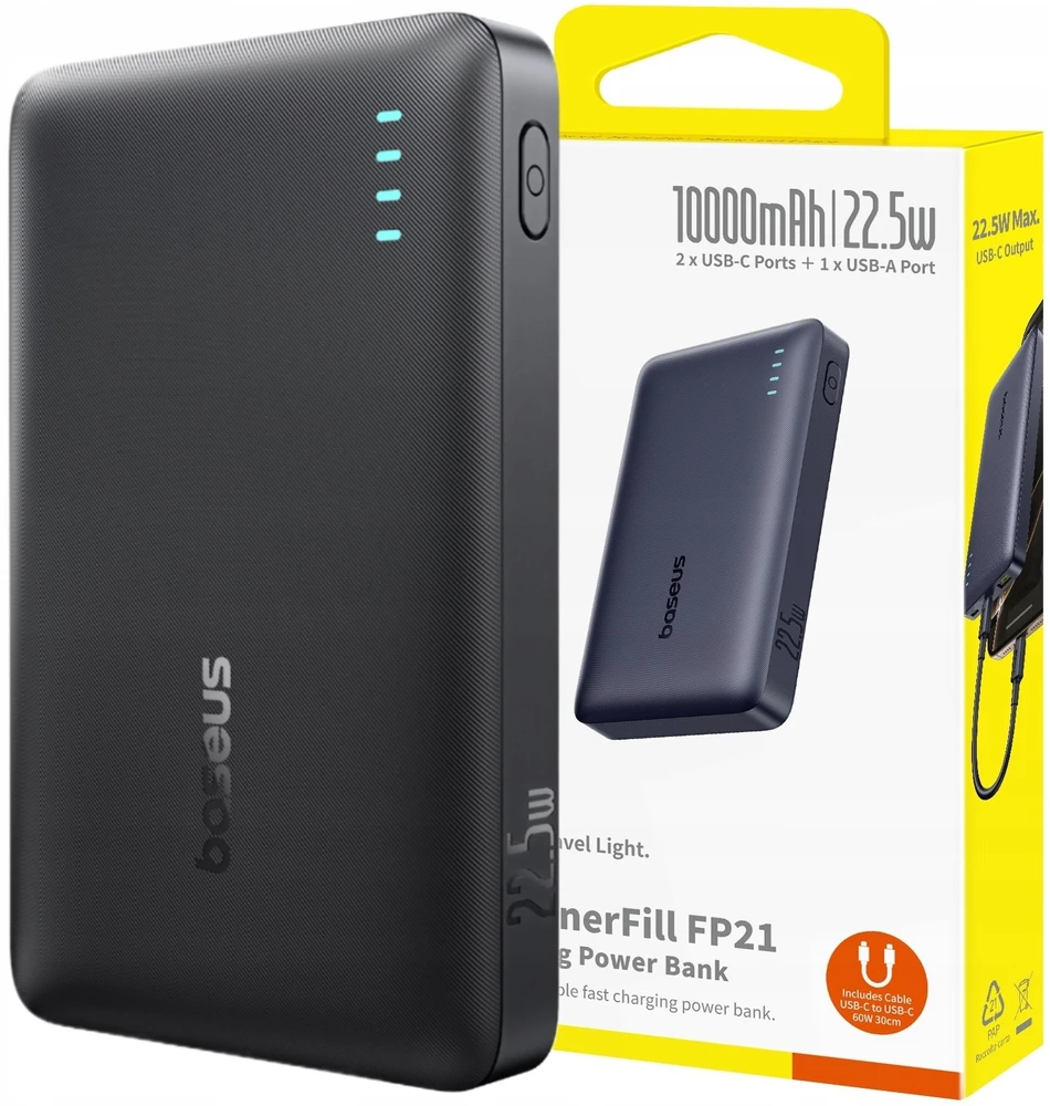 Baseus EnerFill FP21 10000 mAh USB-A USB-C 22.5W juoda