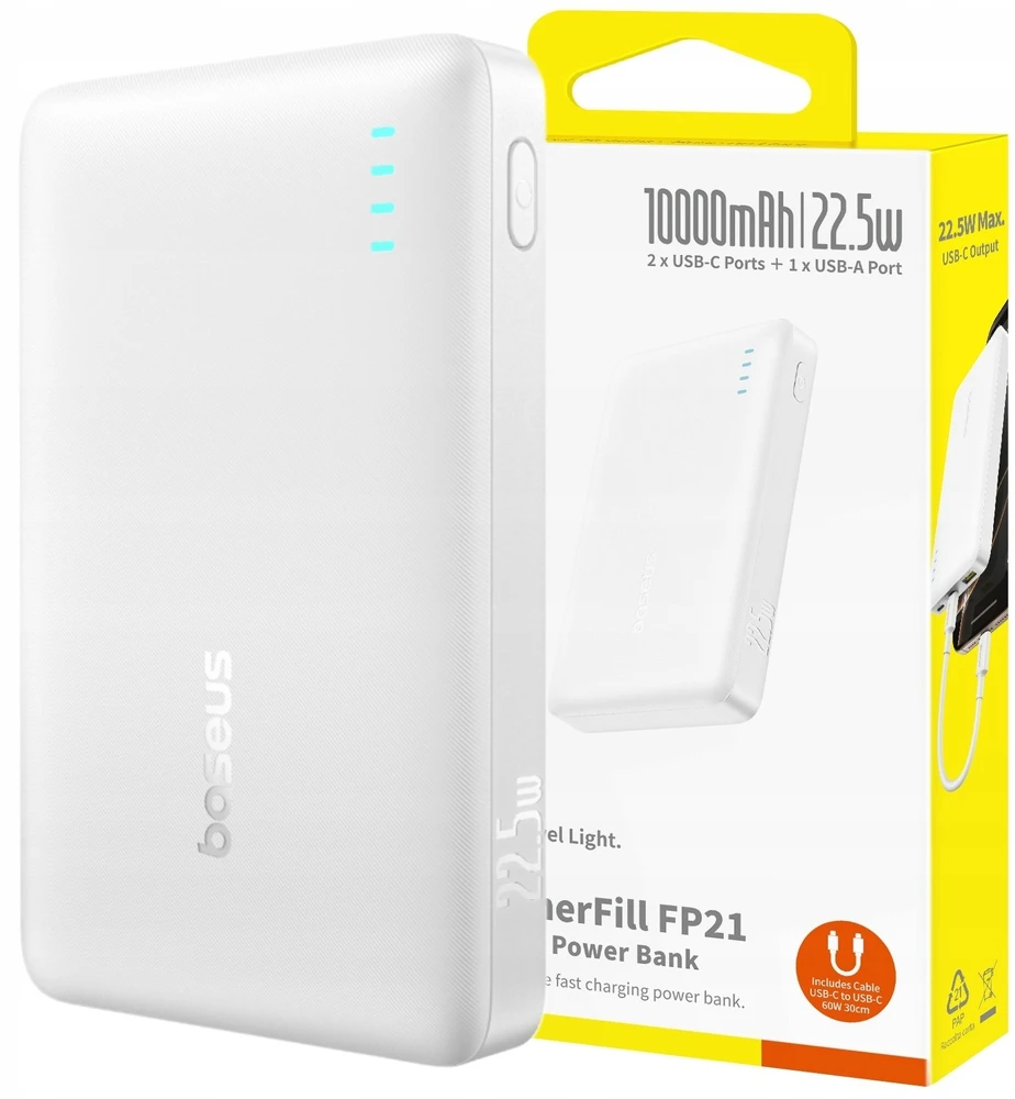 Baseus EnerFill FP21 10000 mAh USB-A USB-C 22.5W balta
