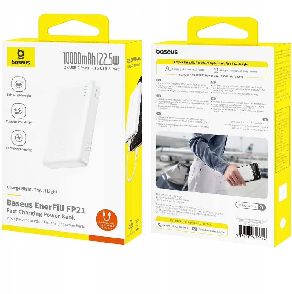 Baseus EnerFill FP21 10000 mAh USB-A USB-C 22.5W balta