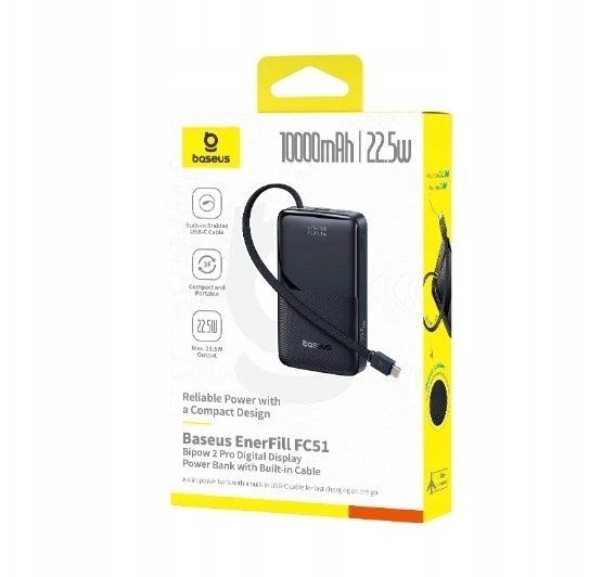 LiPo išorinis akumuliatorius (PowerBank) 10000mAh 22.5W USB + USB-C su integruotu USB-C kabeliu EnerFill Bipow2 juodas BASEUS