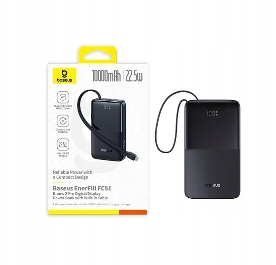 LiPo išorinis akumuliatorius (PowerBank) 10000mAh 22.5W USB + USB-C su integruotu USB-C kabeliu EnerFill Bipow2 juodas BASEUS