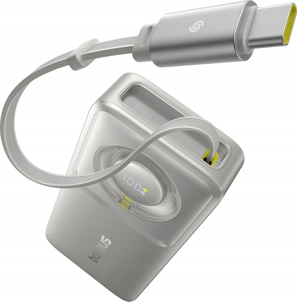 Baseus „Free2Pull“ 10000 mAh 30 W išorinė baterija su USB-C prievadu ir ištraukiamu USB-C laidu – pilkos spalvos