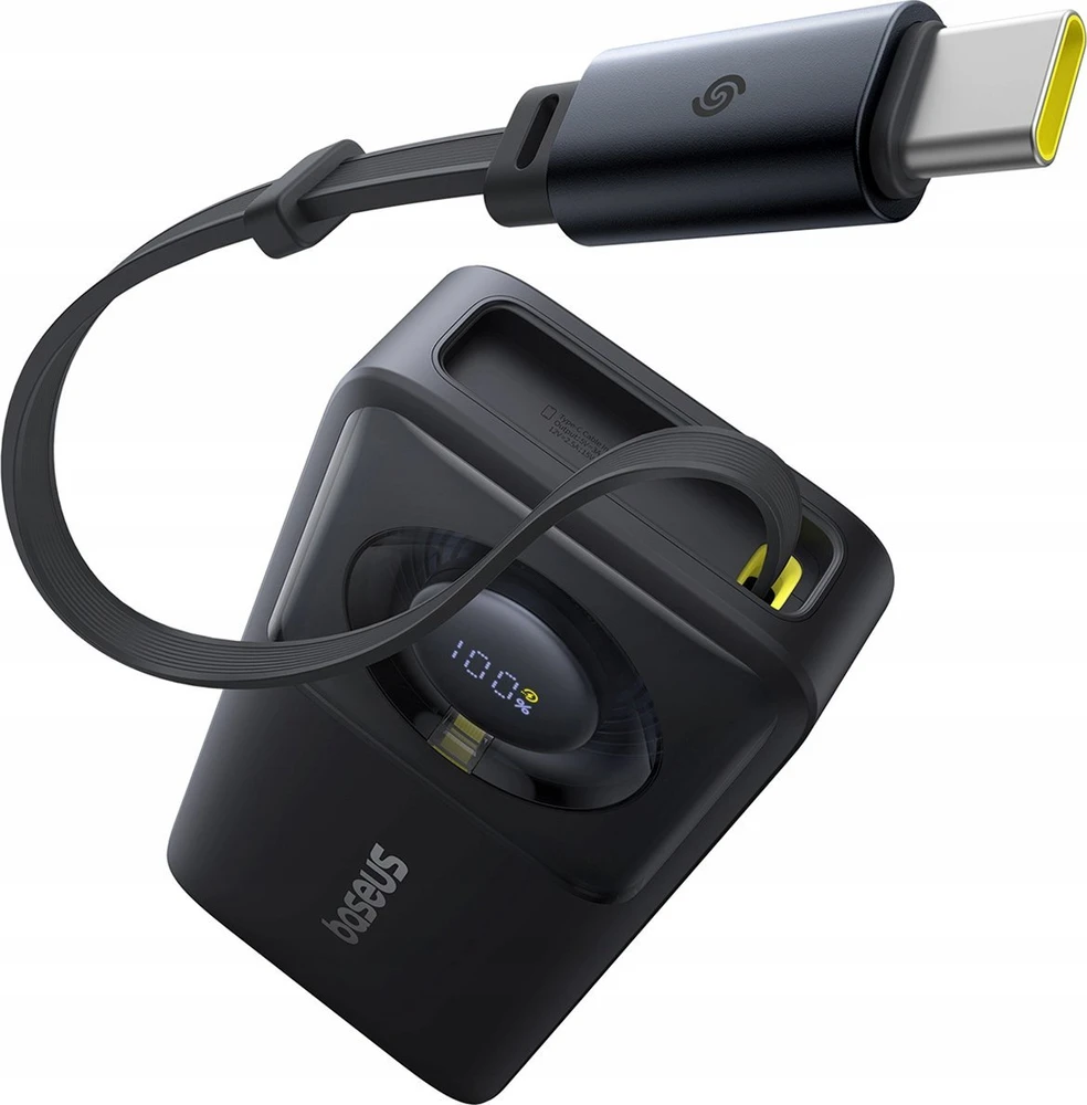 Baseus Free2Pull 10000mAh 30W powerbank su USB-C port and retractable USB-C kabeliu – juodos spalvos