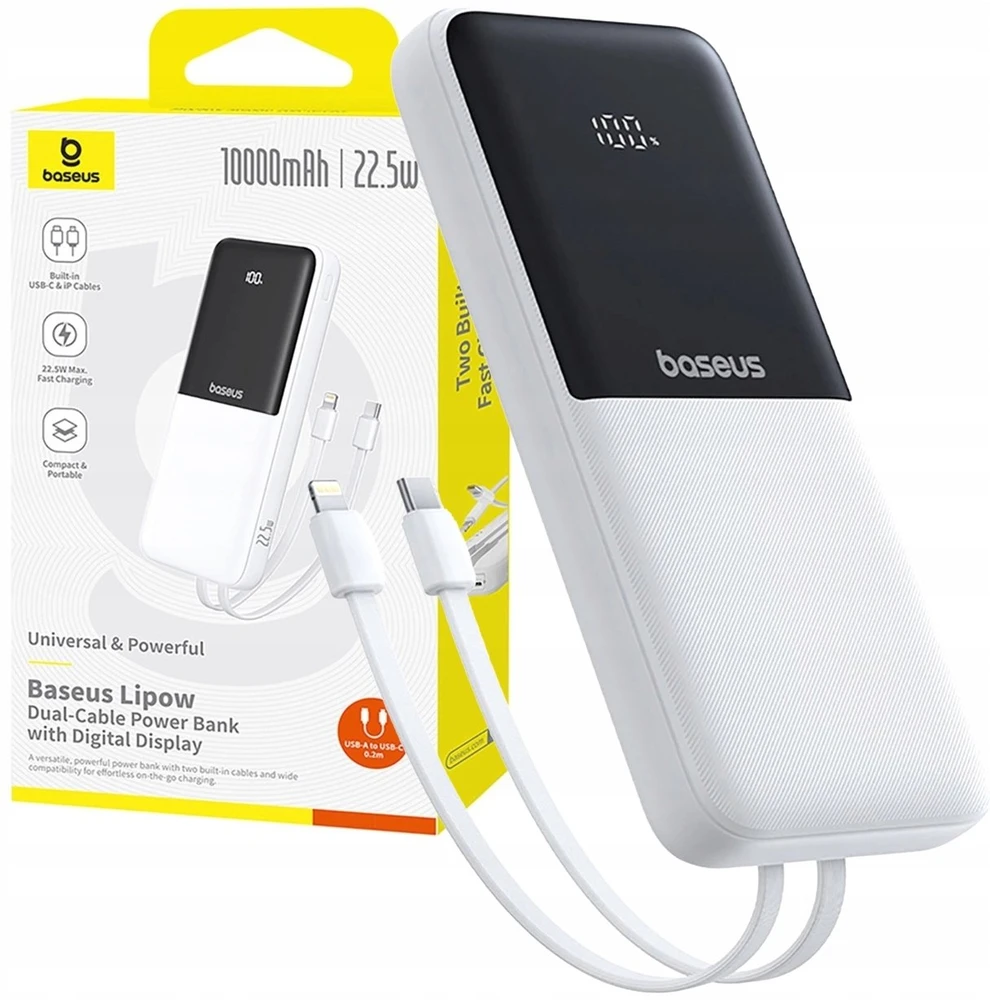 Baseus „A6ac4 Lipow“ 10000mAh 22,5 W išorinė baterija su dviem integruotais laidais (su „A6ac4 Simple USB-A - USB-C 3A 20 cm“ laidu) – balta