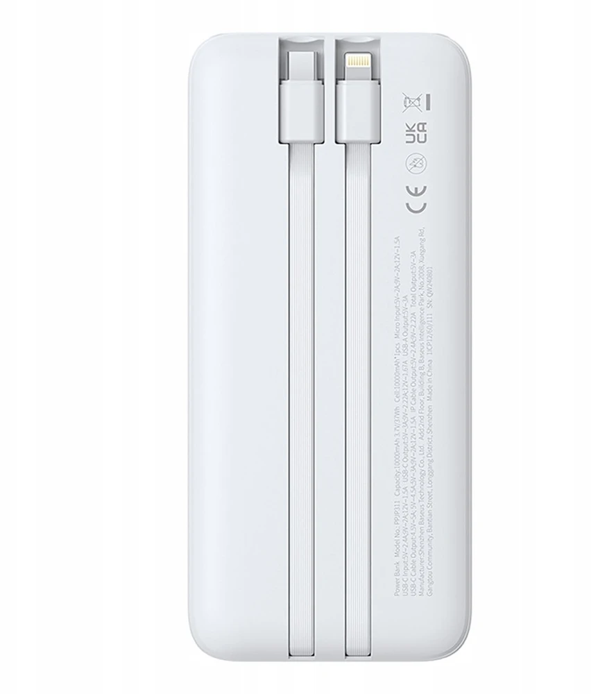 Baseus „A6ac4 Lipow“ 10000mAh 22,5 W išorinė baterija su dviem integruotais laidais (su „A6ac4 Simple USB-A - USB-C 3A 20 cm“ laidu) – balta
