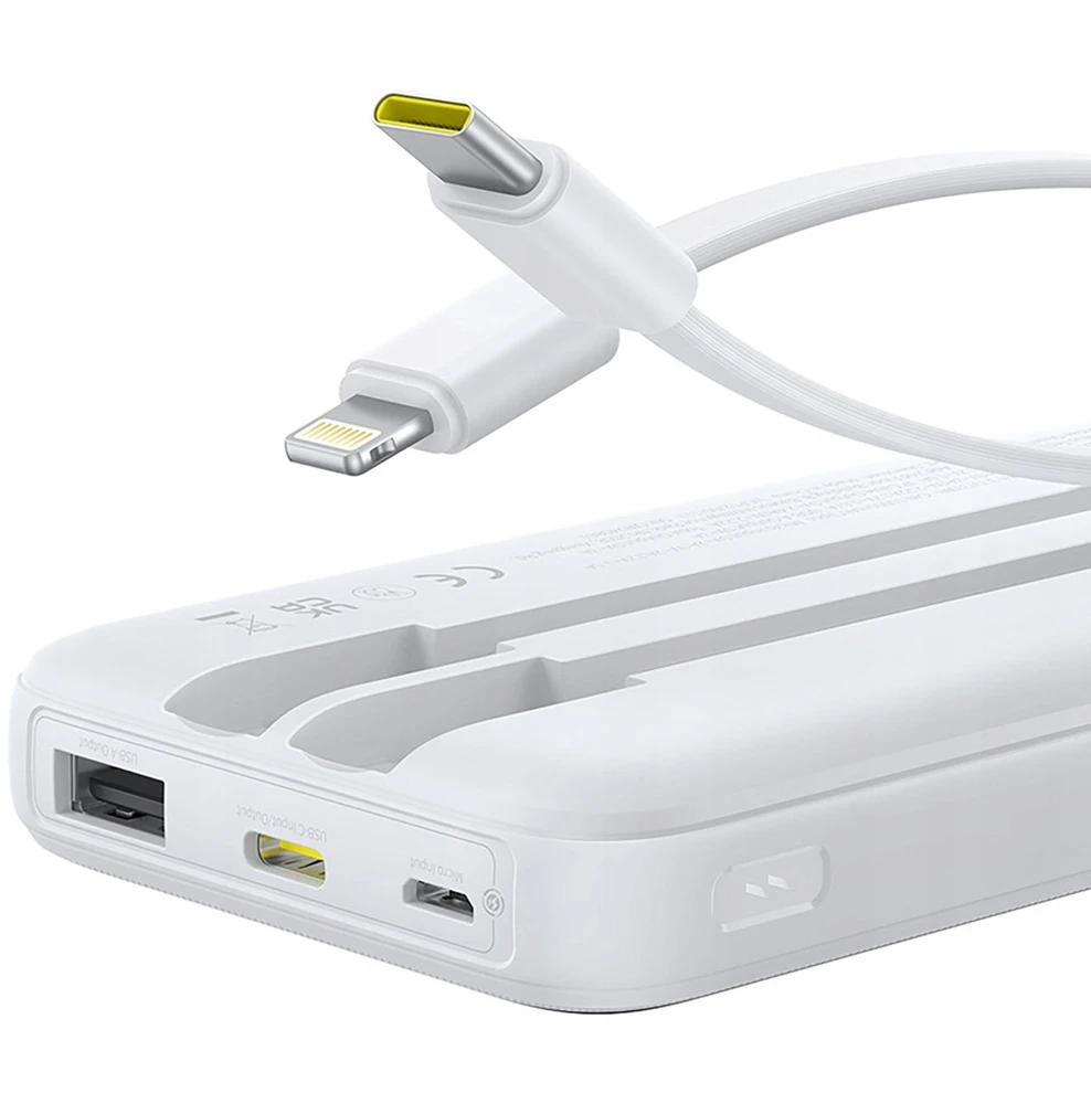 Baseus „A6ac4 Lipow“ 10000mAh 22,5 W išorinė baterija su dviem integruotais laidais (su „A6ac4 Simple USB-A - USB-C 3A 20 cm“ laidu) – balta