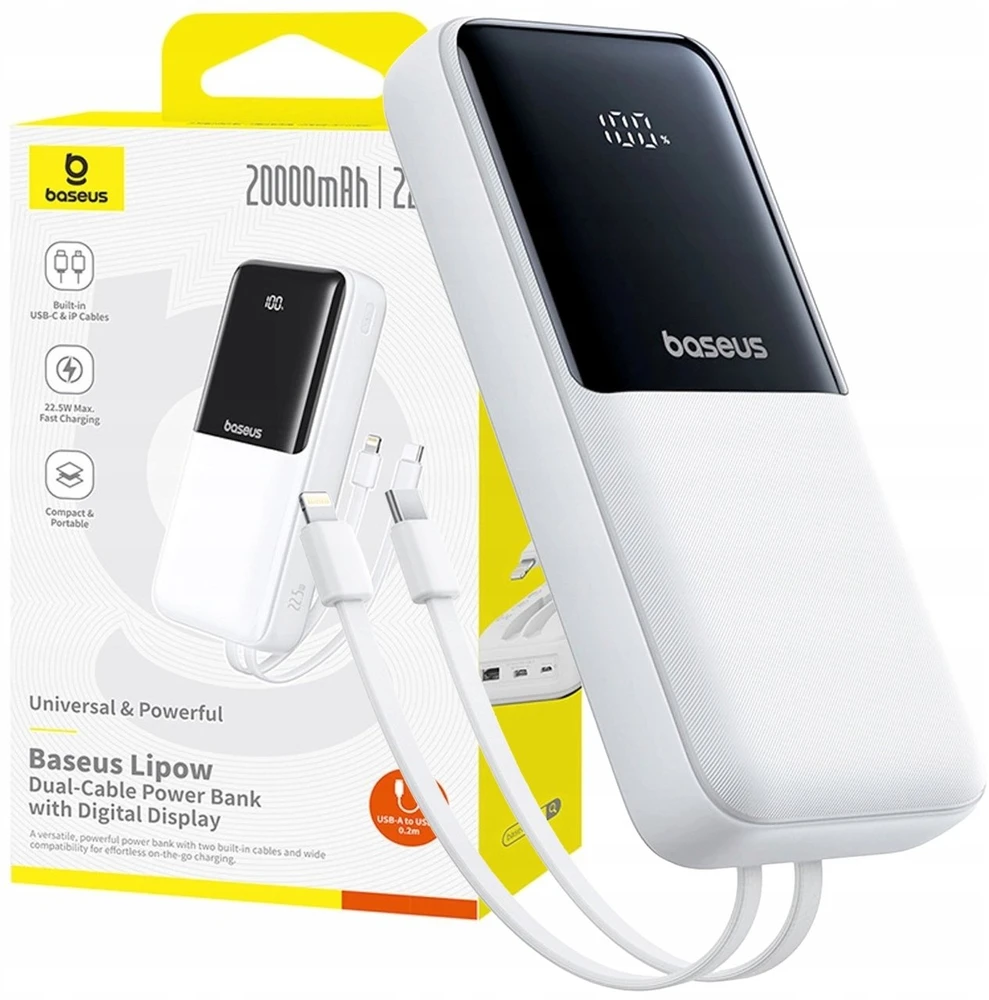 Baseus Lipow 20000mAh 22.5W išorinė baterija su dviem integruotais laidais ir papildomu Baseus Simple USB-A - USB-C 3A 20cm laidu - baltas