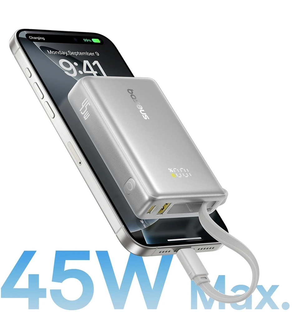 Baseus PicoGo 10 000 mAh 45 W išorinė baterija su skaitmeniniu ekranu ir integruotu USB-C laidu – titano spalvos
