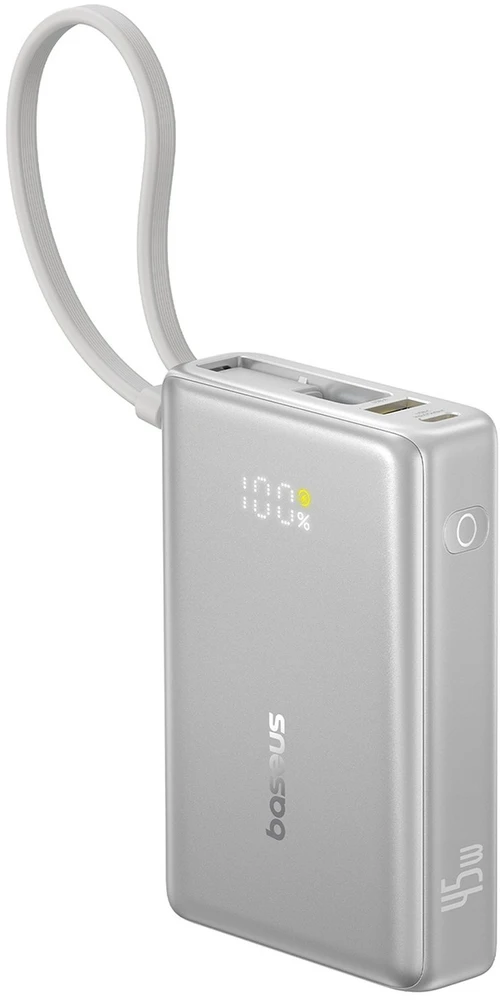 Baseus PicoGo 10 000 mAh 45 W išorinė baterija su skaitmeniniu ekranu ir integruotu USB-C laidu – titano spalvos