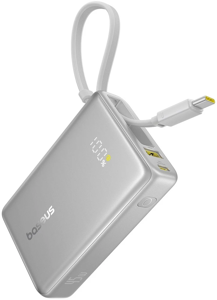 Baseus PicoGo 10 000 mAh 45 W išorinė baterija su skaitmeniniu ekranu ir integruotu USB-C laidu – titano spalvos