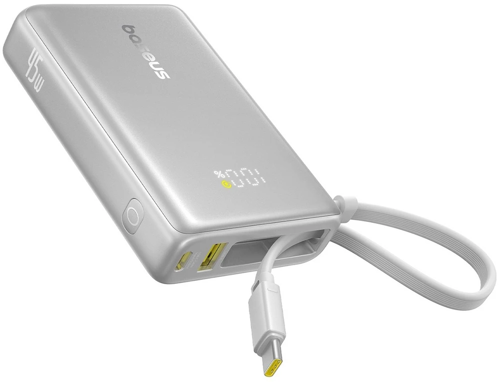 Baseus PicoGo 10 000 mAh 45 W išorinė baterija su skaitmeniniu ekranu ir integruotu USB-C laidu – titano spalvos