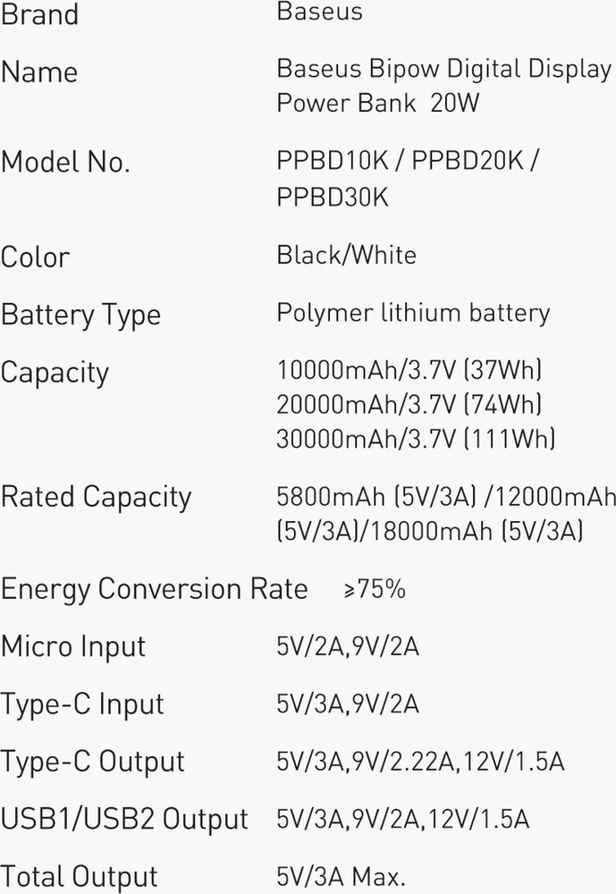 „Baseus Bipow Powerbank“, 10 000 mAh, 20 W (ax)