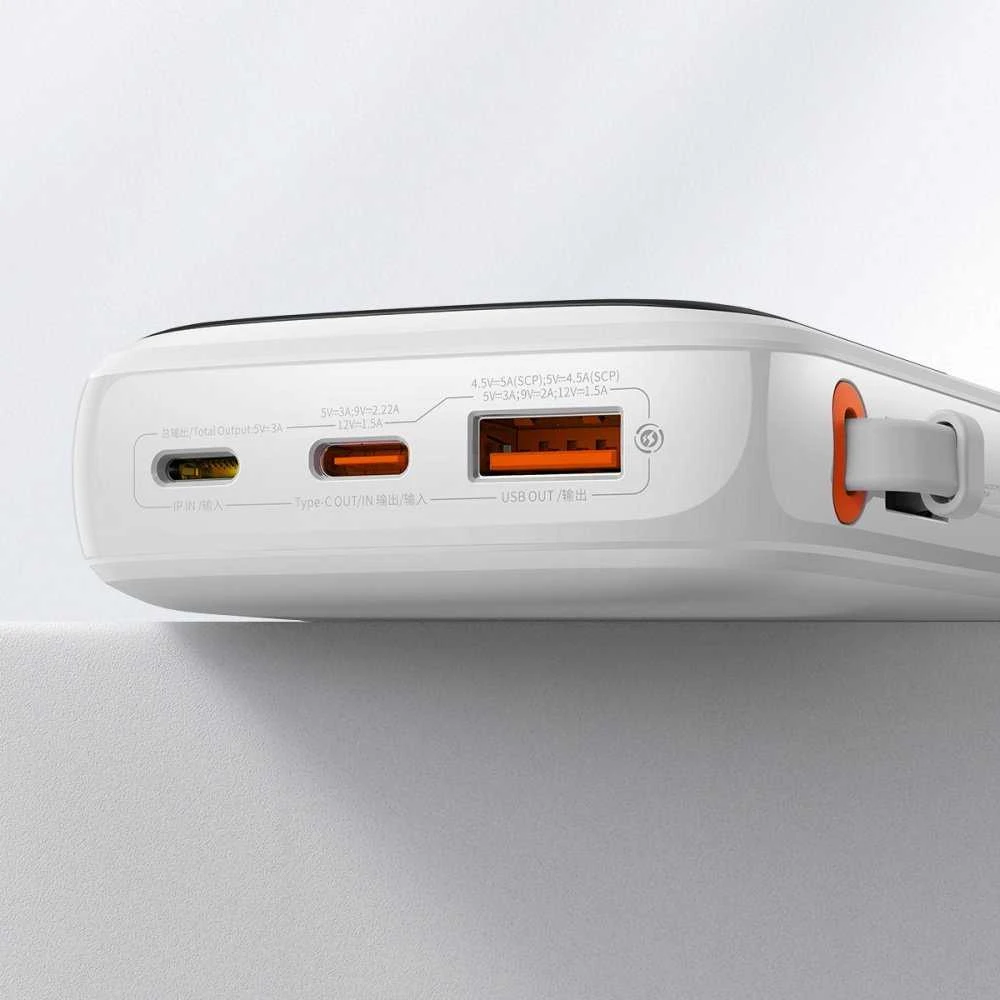 Powerbank Baseus Qpow PRO su kabeliu, 10000mAh, 22.5W (balta)