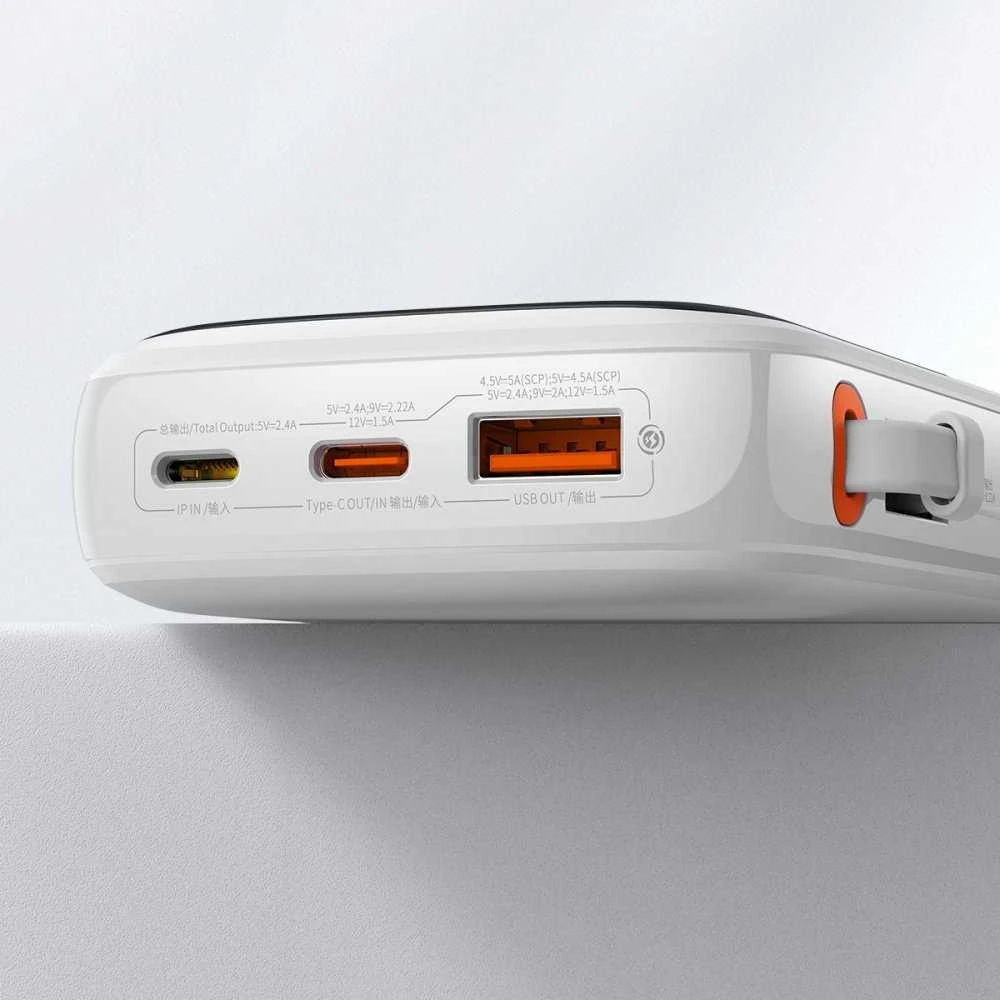 Powerbank Baseus Qpow PRO su laidu, USB-C, 2xUSB, 10000mAh, 20W (balta)