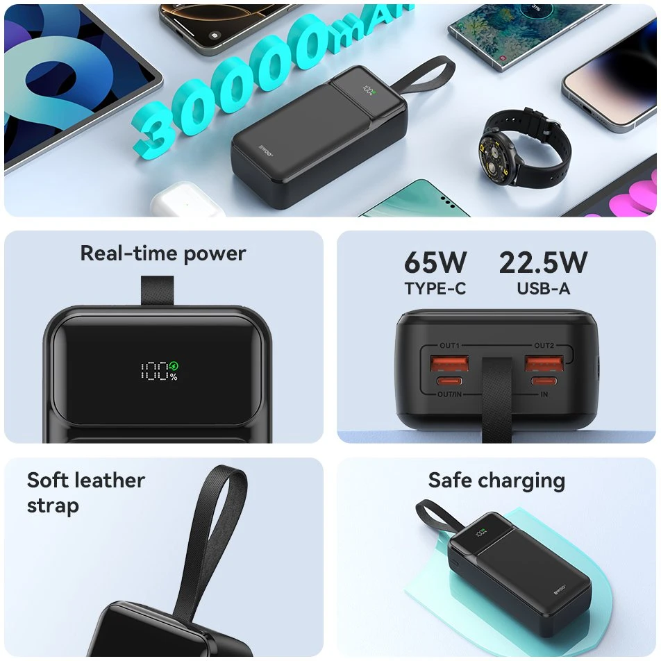 BWOO 65W išorinė baterija 30000 mAh 2x USB-A, 1 x USB-C su LCD ekranu, juoda