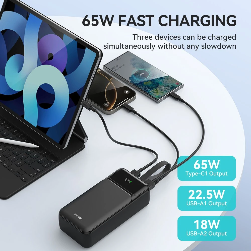 BWOO 65W išorinė baterija 30000 mAh 2x USB-A, 1 x USB-C su LCD ekranu, juoda