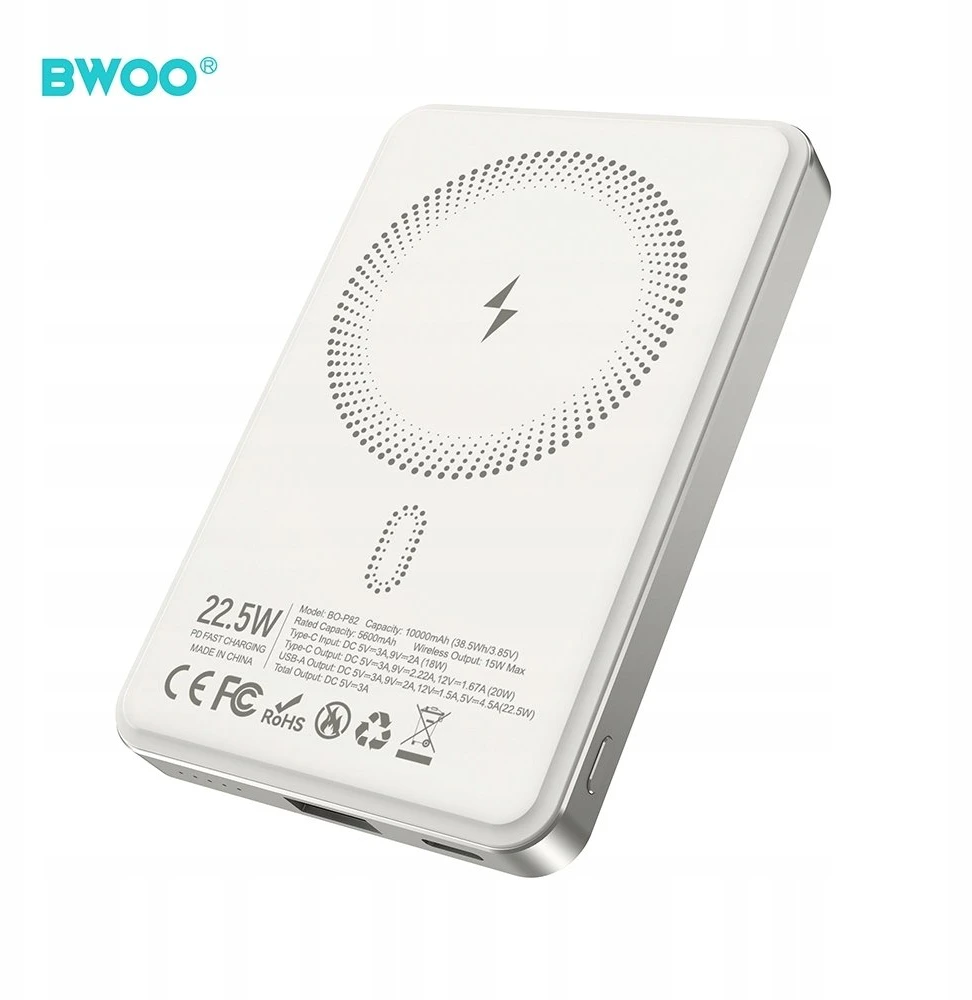 BWOO P82 BO 10000mAh 15W išorinė baterija su belaidžiu įkrovimu, šviesiai pilka