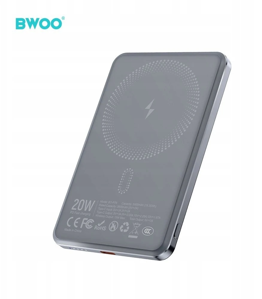 BWOO PD 20W 10000 mAh išorinė baterija su USB-C laidu ir ekranu P80 juoda