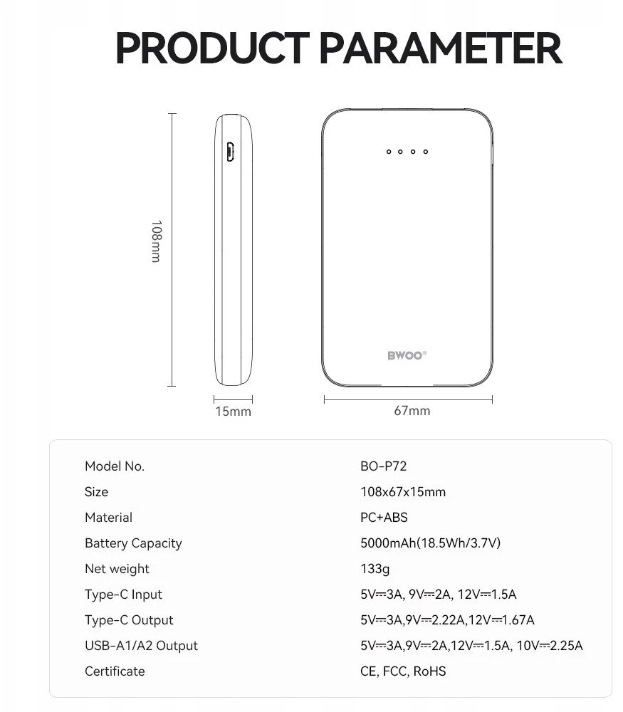 Canyon BWOO išorinė baterija P72 QC 22.5W PD 20W 5000 mAh su 2 x USB-A prievadais ir 1 x USB-C prievadu, juoda