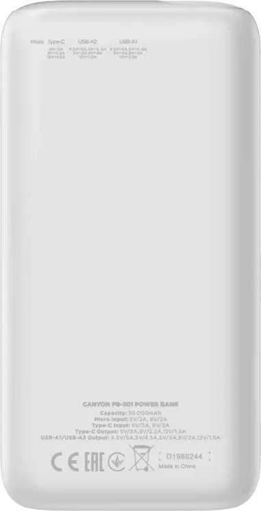 CANYON maitinimo blokas PB-301 LED 30000 mAh PD 20W QC 3.0 baltas