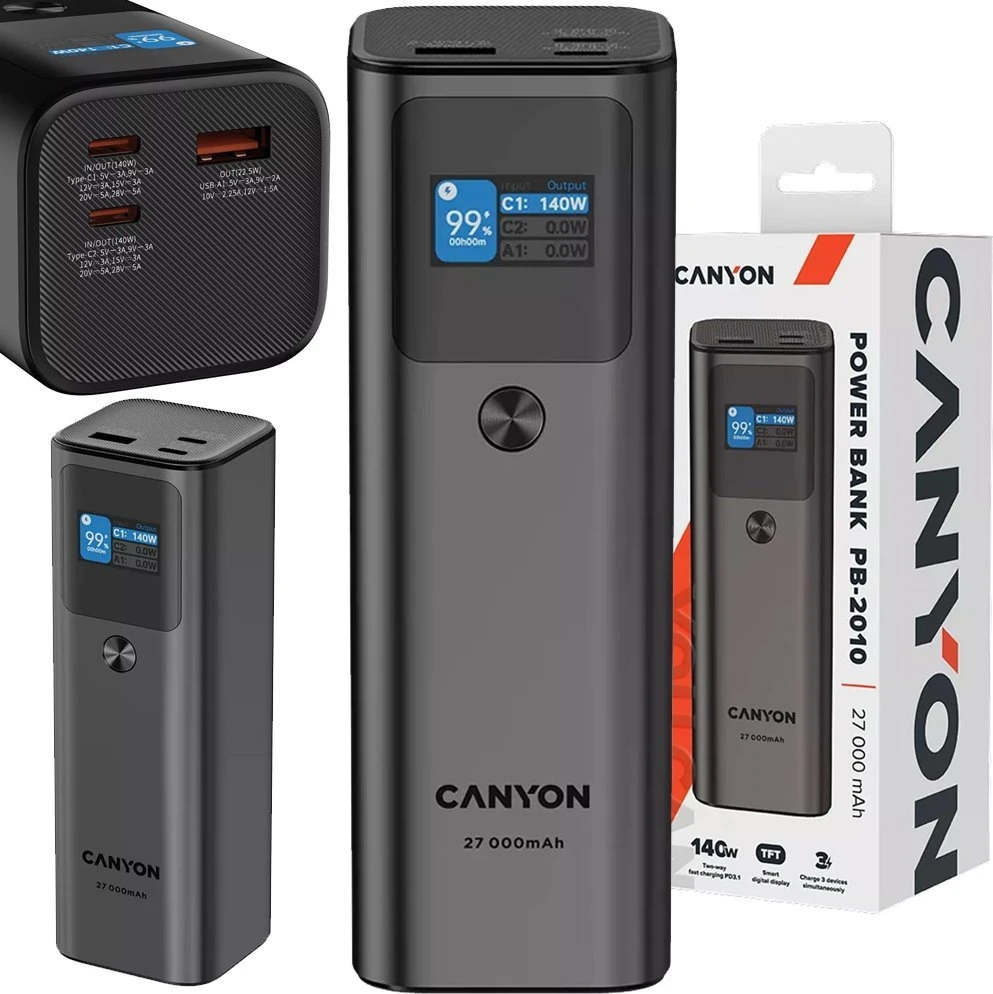 CANYON maitinimo blokas PB-2010 TFT 27000 mAh 97,2Wh PD140W QC 3.0 Tamsiai pilka