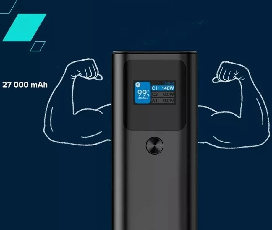 CANYON maitinimo blokas PB-2010 TFT 27000 mAh 97,2Wh PD140W QC 3.0 Tamsiai pilka