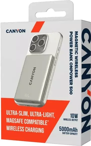 CANYON magnetic power bank OnPower 500 PD20W 5000mAh Aliuminio Star Pilkas