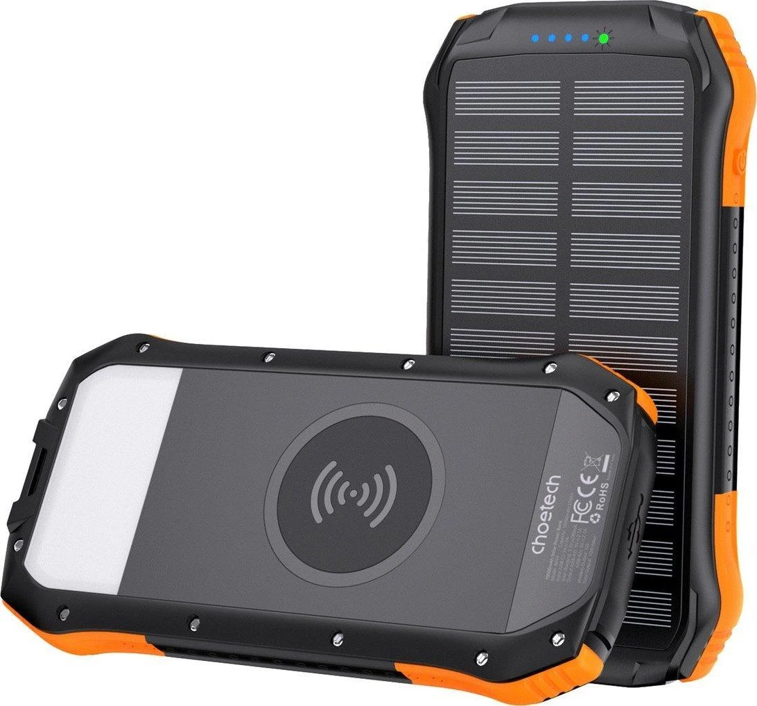 Choetech B567 saulės energijos blokas su indukciniu įkrovimu 3x USB 20000mAh 20W / QC 18W / Qi 10W (juodai oranžinė)