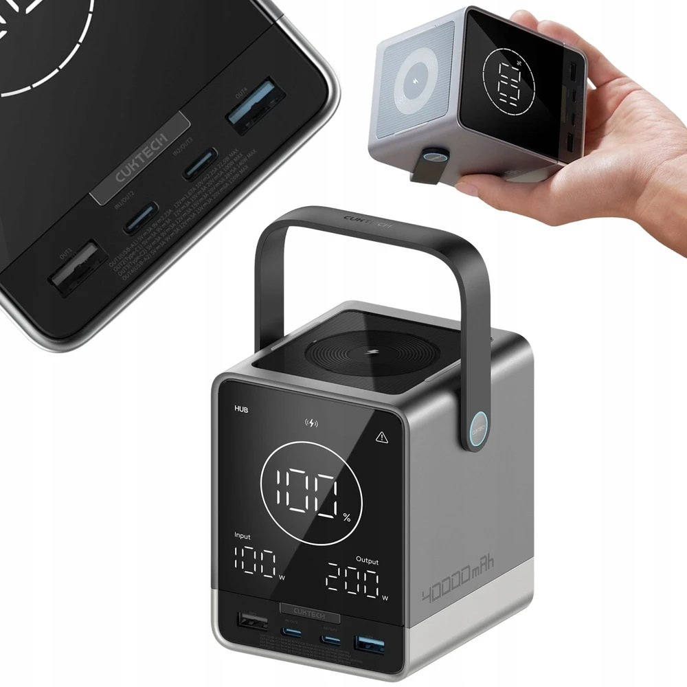 Cuktech išorinė baterija 300W 40000mAh su belaidžiu įkrovimu 2x USB-C + 2x USB-A - Juodas
