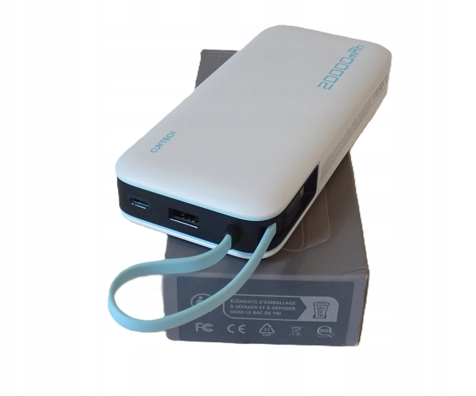 Cuktech CUKP200NGLLG 55W 20000mAh išorinė baterija su integruotu USB-C laidu - Baltas