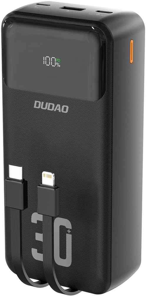 Dudao K15MAX 30000mAh PD 22.5W išorinė baterija su įmontuotais laidais – juoda