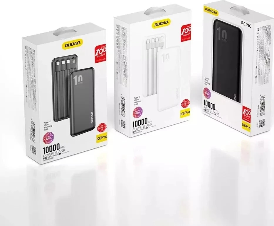Dudao K6Pro Universal 10000mAh Power Bank su USB kabeliu, USB Type C, Lightning baltos spalvos (K6Pro-baltos spalvos)
