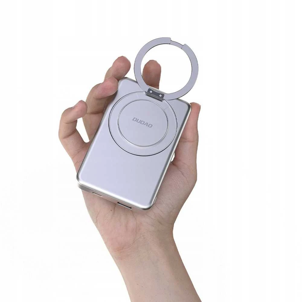 Dudao K28 10000mAh PD 22.5W „MagSafe“ išorinė baterija su metaliniu dėklu ir žiediniu stovu – sidabro spalvos