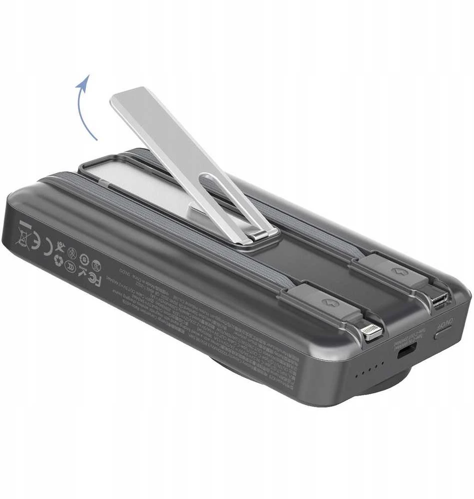 Dudao K29 10000mAh PD 20W „MagSafe“ išorinė baterija su metaliniu dėklu, stovu ir integruotais USB-C / „Lightning“ laidais – pilkos spalvos